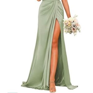 Azazie Johana Maxi Dress Dusty Sage Green Satin Cowl Neck High Slit Size A8 NEW